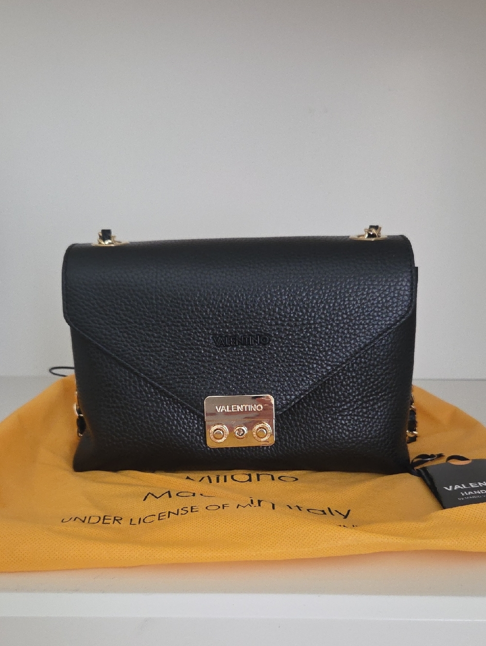 Mario Valentino Black Pebbled Leather Crossbody with Gold Plate